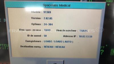 Lot of 3 Spacelabs Patient Monitors Ultraview SL - S/W 2.02.05 w/ ECG sensors and SPO2 sensors and Cuffs - All power up - 6