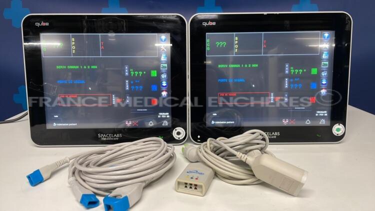 Lot of 2 GE Patient Monitors Qube - S/W 3.05.10 w/ ECG sensors and SPO2 hoses - Both power up