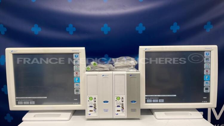 Lot of 2 Spacelabs Patient Monitors Ultraview SL w/ Spacelabs central units Ultraview SL3800/SL2800 including module ECG/SPO2/TI2 and ECG hoses and SPO2 hoses - Both power up