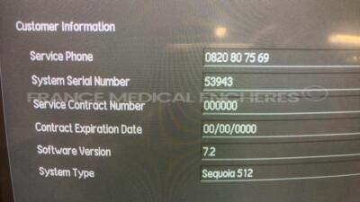 Acuson Ultrasound Sequoia 512 - YOM 2000 - S/W 7.2 - Options Calc data to MO - Dicom bulk storage - Driving experience 7.0 - Dual linear - Extended trigger - GI auto doppler - Native tissue harmonic - OB calc - Vascular calc - Webpro w/ Acuson Probe 6C2 - 5