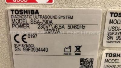 Toshiba Ultrasound SSA-790A Aplio XG - YOM 03/2009 w/ Toshiba Probe PLT-604AT and Toshiba Probe PVT-375BT - YOM 2012 and Toshiba Probe PLT-1204AT and Toshiba Probe PST-25BT - YOM 2009 and Toshiba Probe PVT-661VT - YOM 2009 (Powers up) - 33